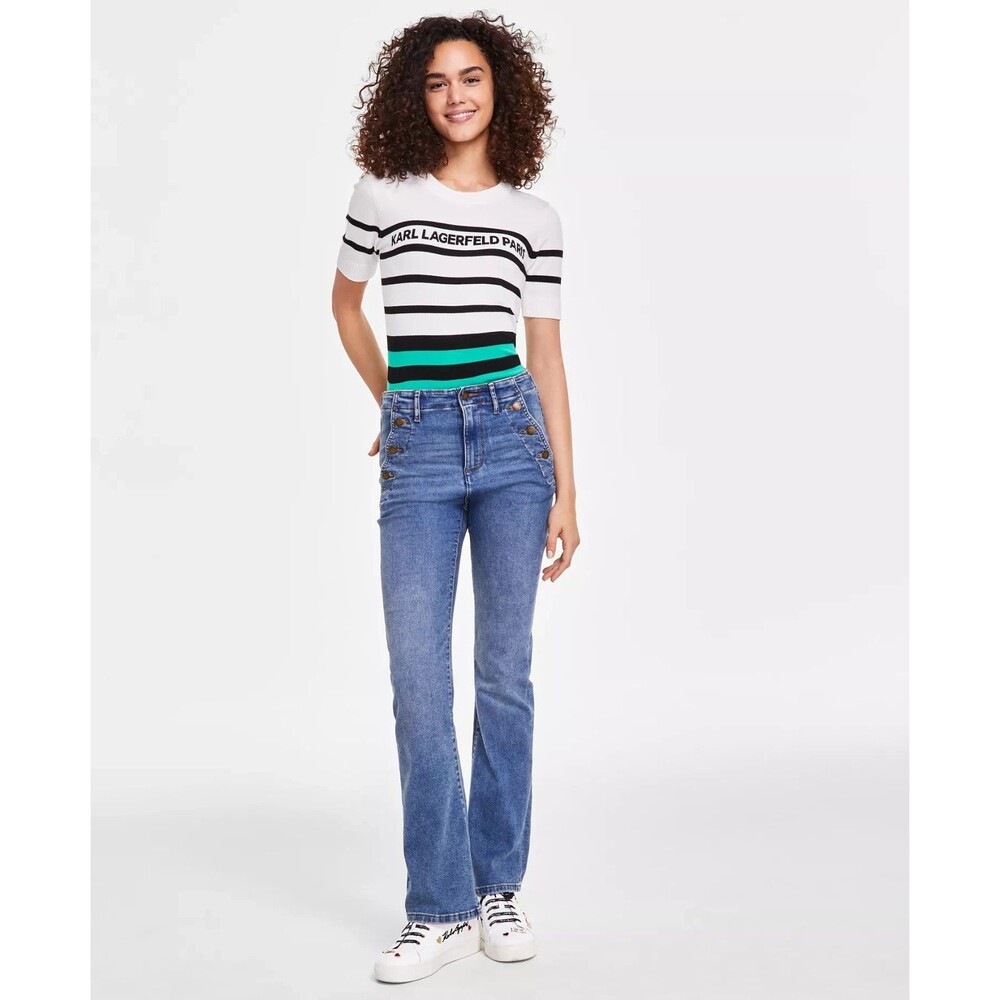 KARL LAGERFELD PARIS Women's High Rise Sailor Flared-Leg Jeans Blue Wash Size 4